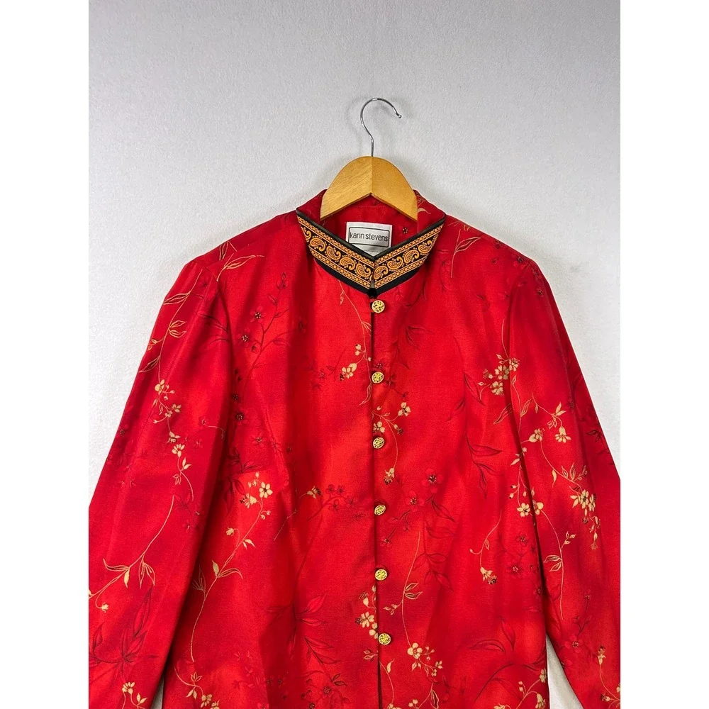 Karin Stevens Red Floral Mandarin Collar Jacket‎ Women's Size 12T
